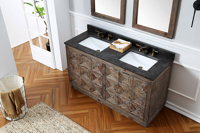 Legion Furniture WH8760 Series 60” Solid Wood Double Sink Vanity in Brown Rustic with Moon Stone Top