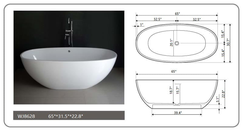 Legion Furniture WJ8628 Series 65” Matt White Solid Surface Bath Tub