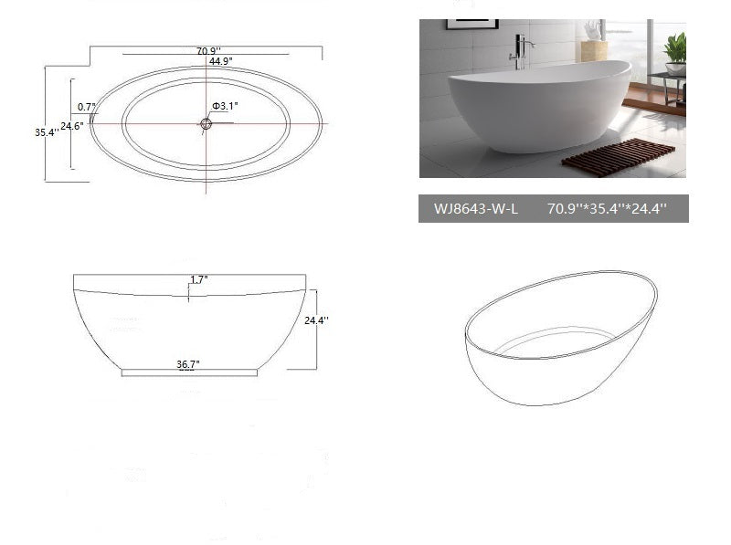Legion Furniture WJ8643 Series 71” Matt White Solid Surface Bath Tub