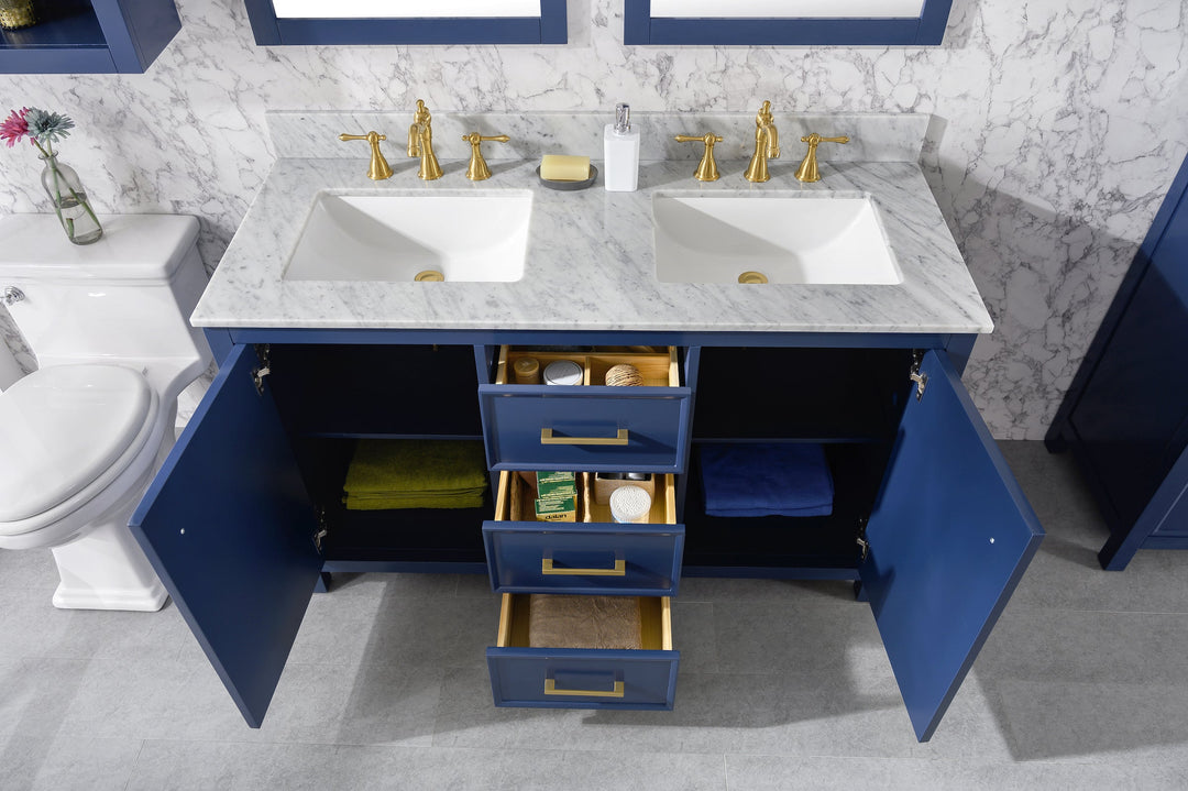 Legion Furniture WLF2154 Series 54” Double Sink Vanity in Blue with Carrara Marble White Top