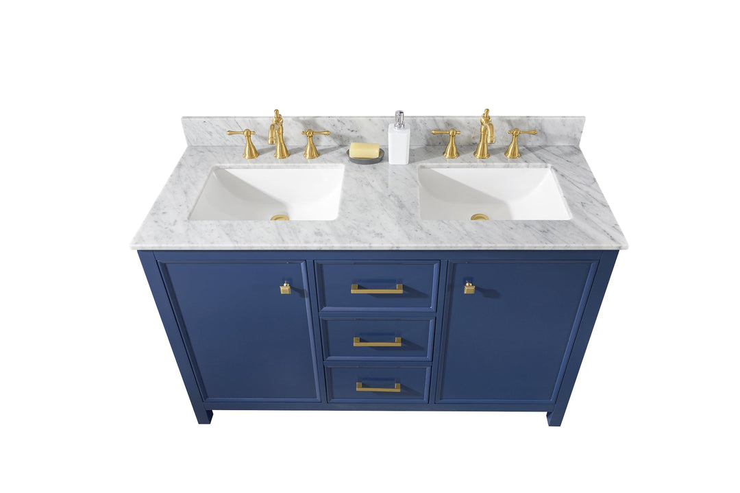 Legion Furniture WLF2154 Series 54” Double Sink Vanity in Blue with Carrara Marble White Top