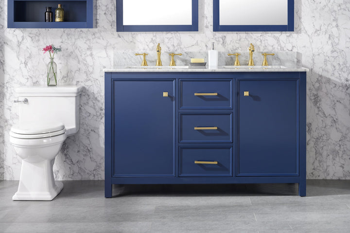 Legion Furniture WLF2154 Series 54” Double Sink Vanity in Blue with Carrara Marble White Top