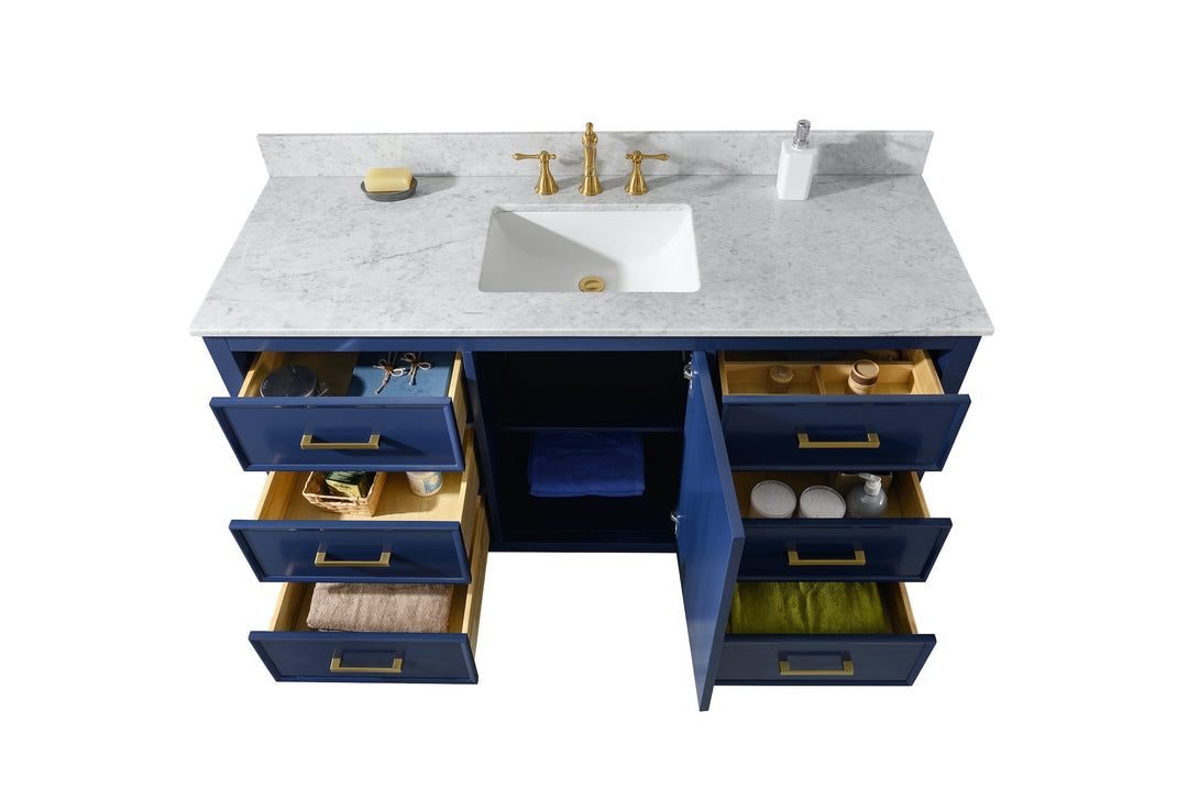 Legion Furniture WLF2160 Series 60" Single Sink Vanity in Blue with Carrara Marble White Top