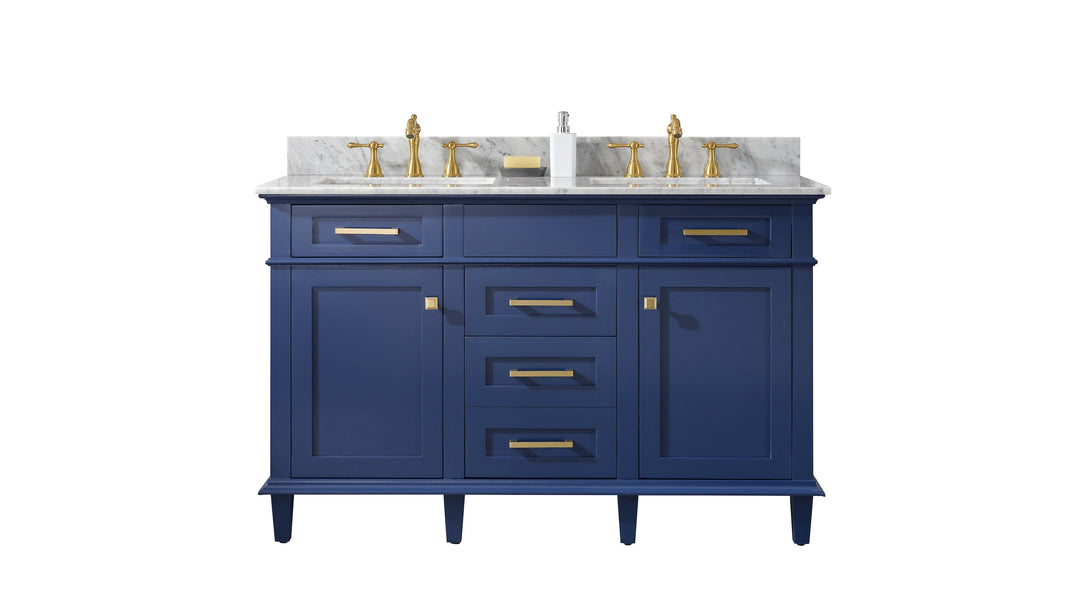 Legion Furniture WLF2254 Series 54” Double Sink Vanity in Blue with Carrara Marble White Top