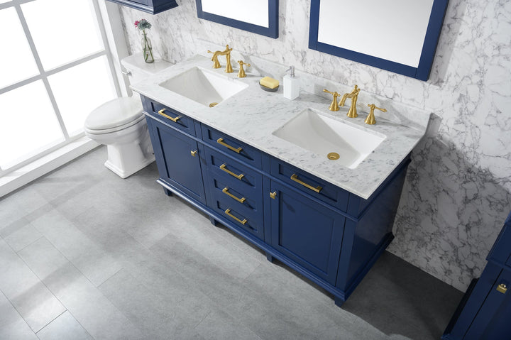 Legion Furniture WV2260 Series 60” Double Sink Vanity in Blue with Carrara Marble White Top