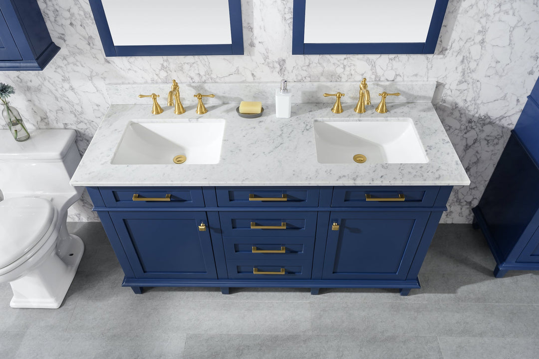 Legion Furniture WV2260 Series 60” Double Sink Vanity in Blue with Carrara Marble White Top