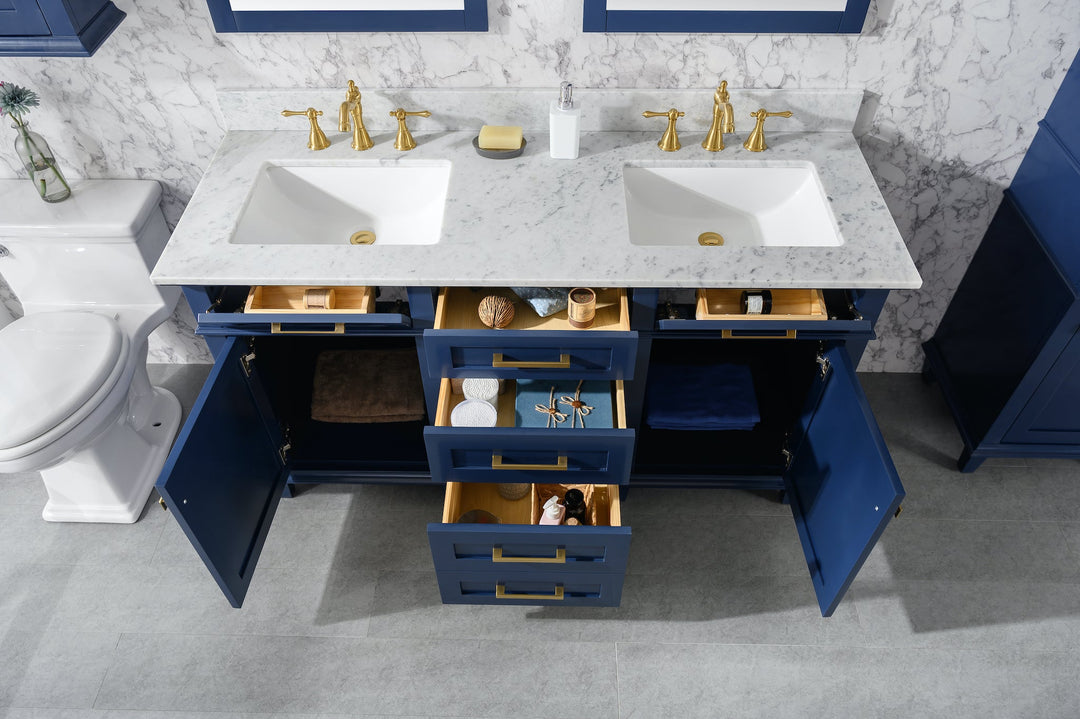 Legion Furniture WV2260 Series 60” Double Sink Vanity in Blue with Carrara Marble White Top