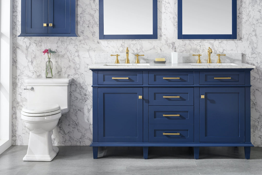 Legion Furniture WV2260 Series 60” Double Sink Vanity in Blue with Carrara Marble White Top