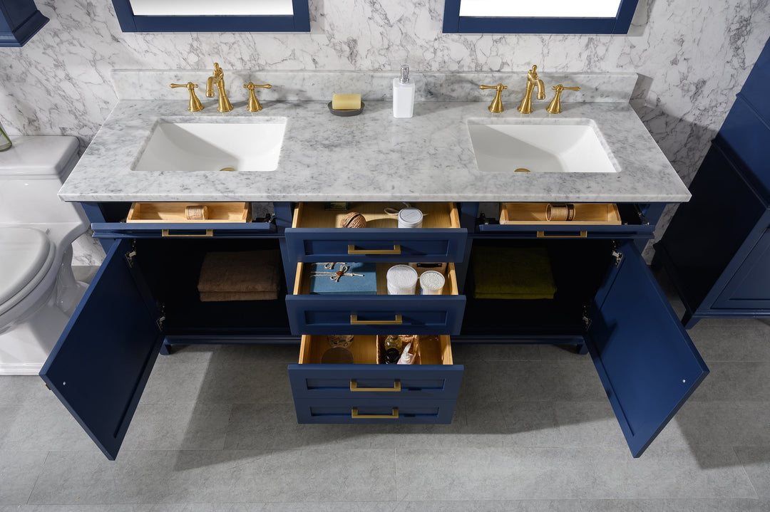 Legion Furniture WLF2200 Series 72” Double Sink Vanity in Blue with Carrara Marble White Top