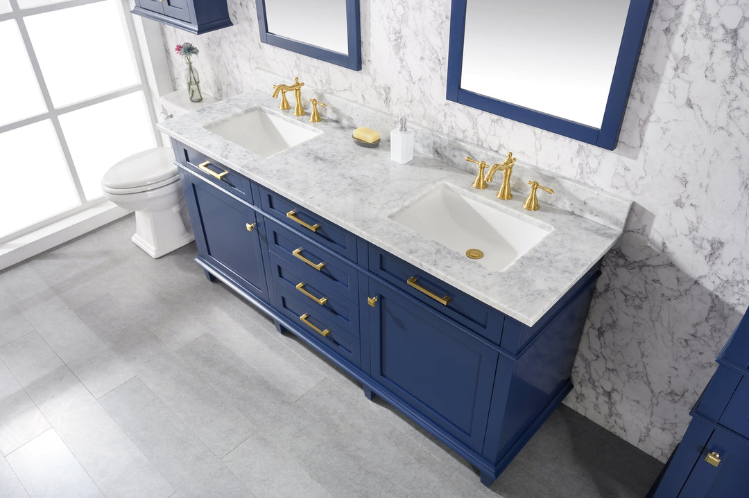 Legion Furniture WLF2200 Series 72” Double Sink Vanity in Blue with Carrara Marble White Top