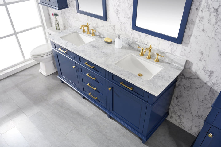 Legion Furniture WLF2200 Series 72” Double Sink Vanity in Blue with Carrara Marble White Top