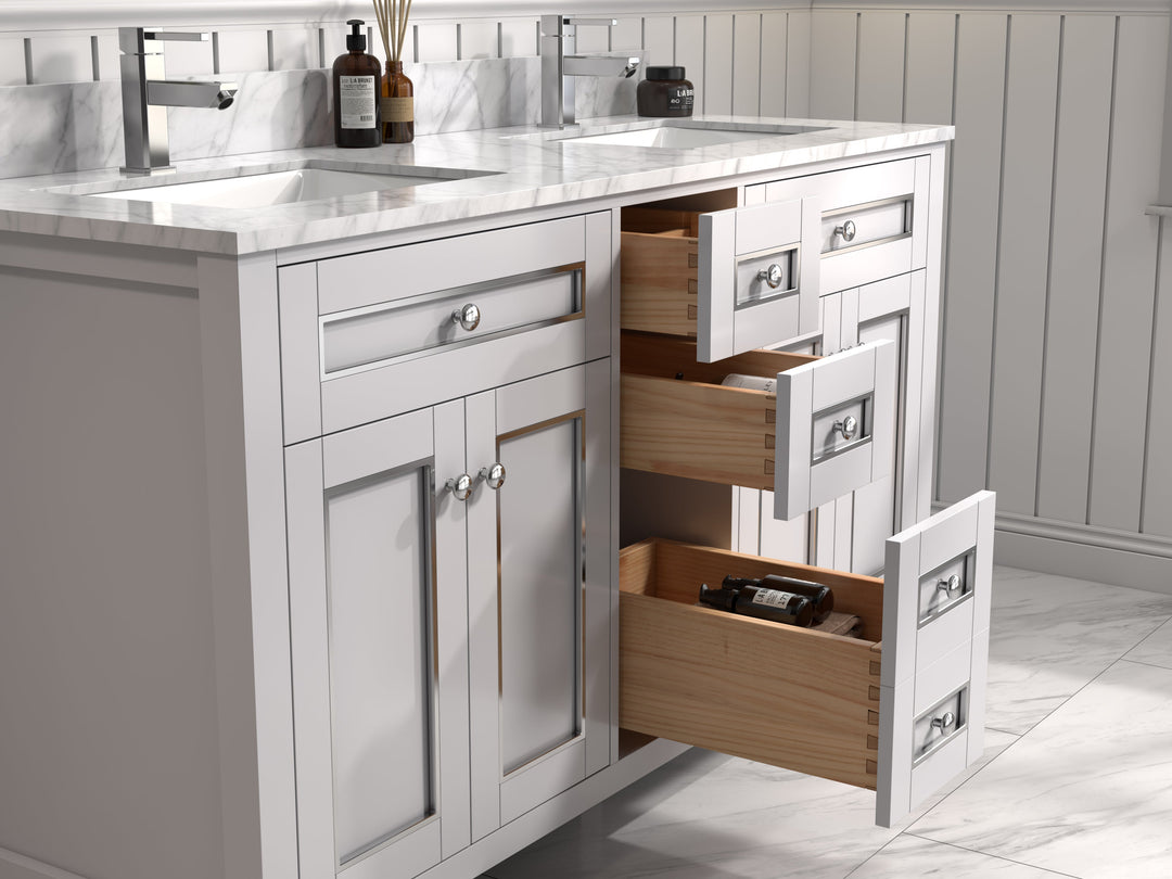 Legion Furniture WV2260 Series 60” Double Sink Vanity in White with Carrara Marble White Top