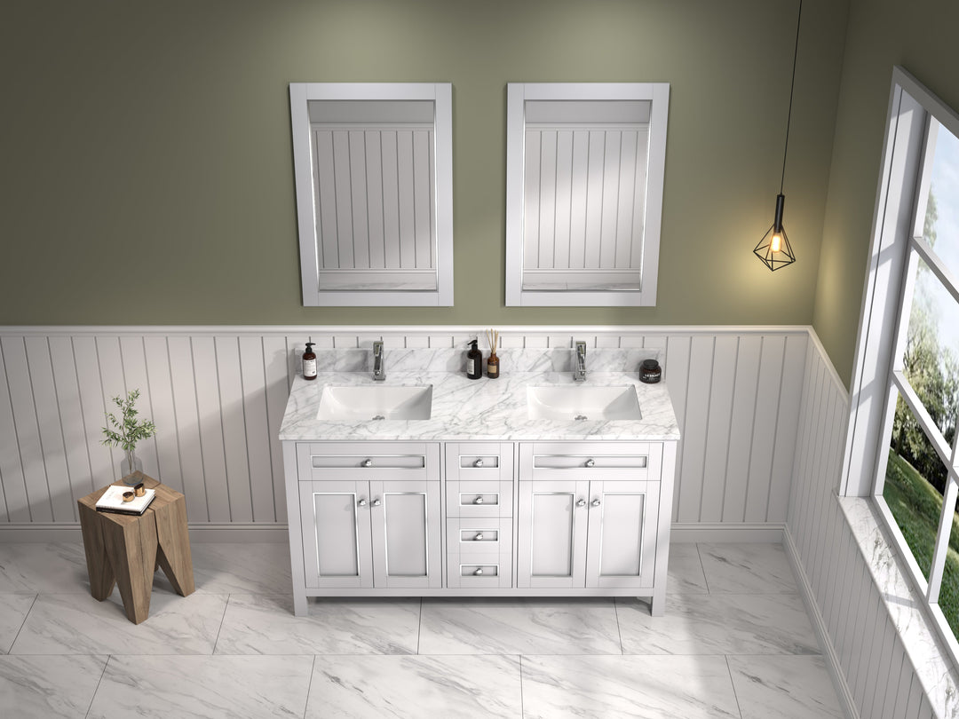 Legion Furniture WV2260 Series 60” Double Sink Vanity in White with Carrara Marble White Top