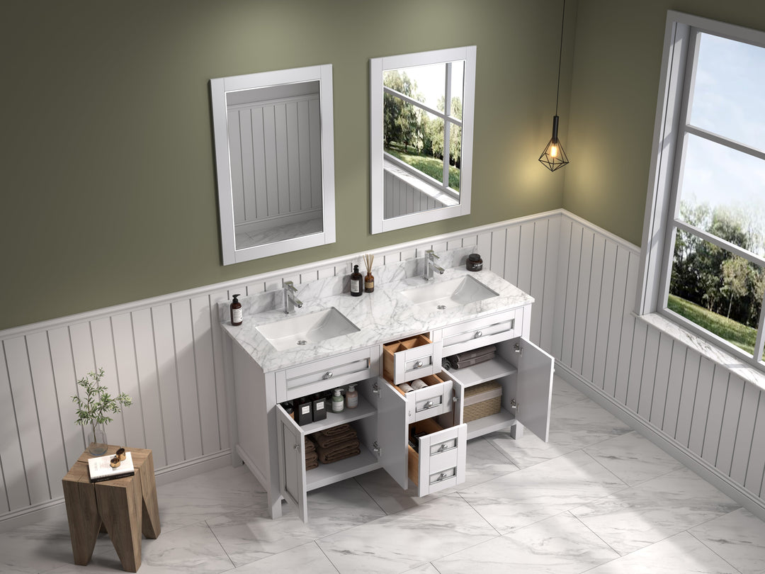 Legion Furniture WV2260 Series 60” Double Sink Vanity in White with Carrara Marble White Top