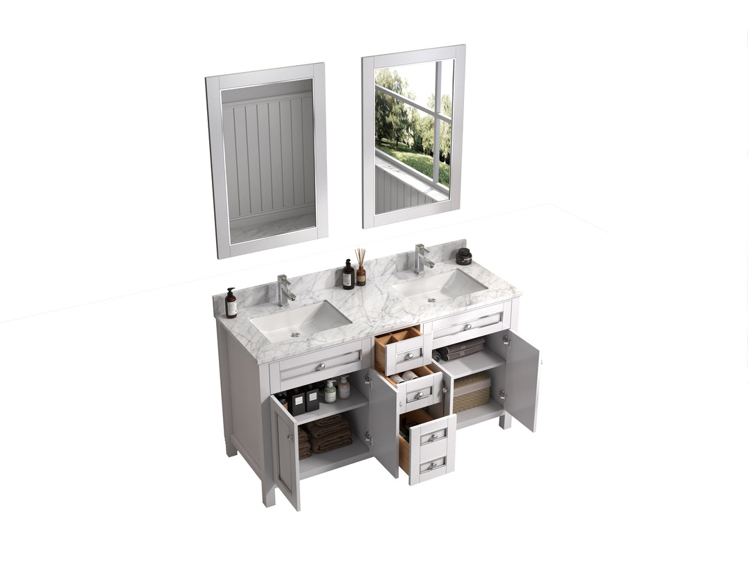 Legion Furniture WV2260 Series 60” Double Sink Vanity in White with Carrara Marble White Top