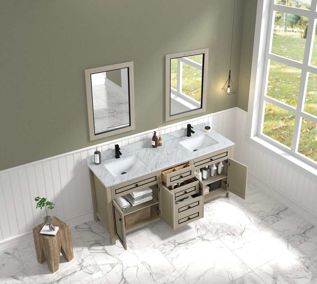 Legion Furniture WV2272 Series 72” Double Sink Vanity in Light Oak with Carrara Marble White Top
