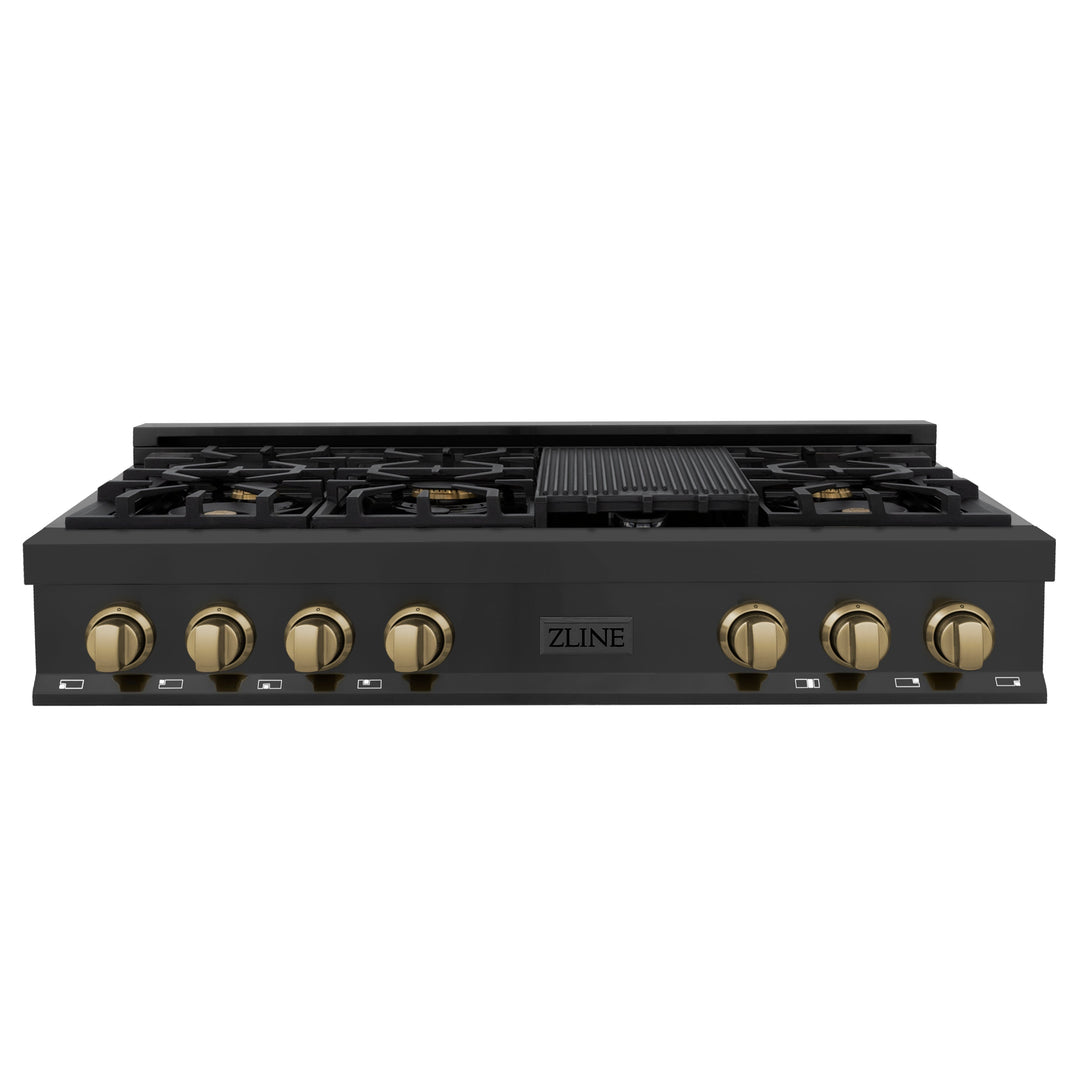 ZLINE Autograph Edition 48 in. Porcelain Rangetop with 7 Gas Burners in Black Stainless Steel and Accents (RTBZ-48)