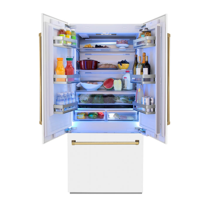 ZLINE 36 in. Autograph Edition 19.6 cu. ft. Built-in 2-Door Bottom Freezer Refrigerator with Internal Water and Ice Dispenser in White Matte with Accents (RBIVZ-WM-36)