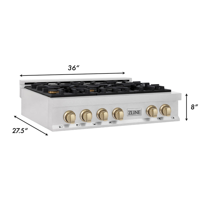 ZLINE Autograph Edition 36 in. Porcelain Rangetop with 6 Gas Burners in DuraSnow Stainless Steel with Accents (RTSZ-36)