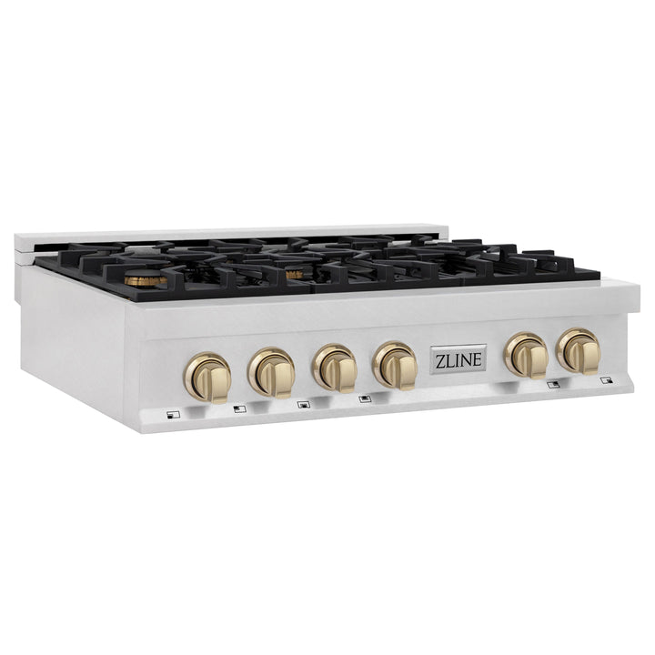 ZLINE Autograph Edition 36 in. Porcelain Rangetop with 6 Gas Burners in DuraSnow Stainless Steel with Accents (RTSZ-36)