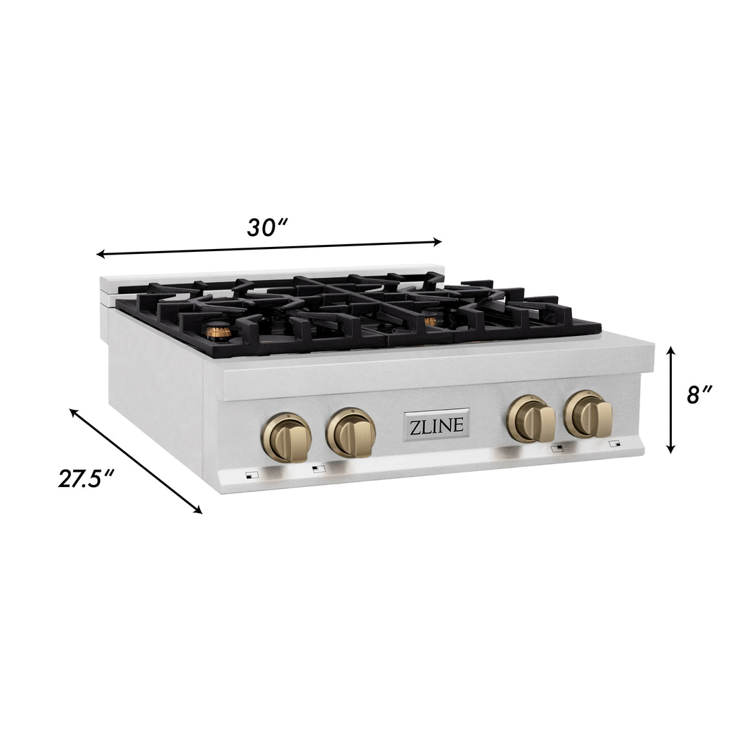 ZLINE Autograph Edition 30 in. Porcelain Rangetop with 4 Gas Burners in DuraSnow Stainless Steel with Accents (RTSZ-30)