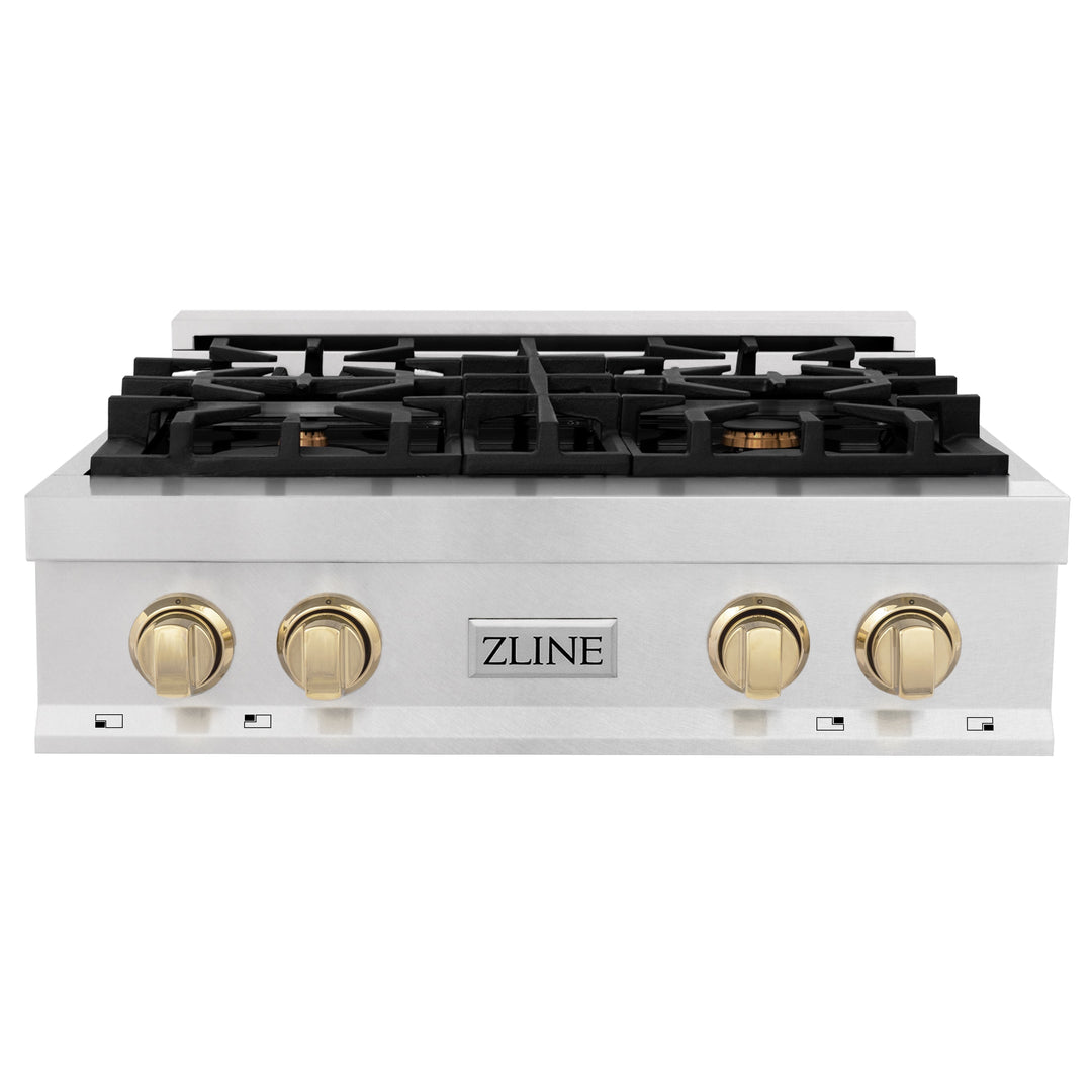 ZLINE Autograph Edition 30 in. Porcelain Rangetop with 4 Gas Burners in DuraSnow Stainless Steel with Accents (RTSZ-30)