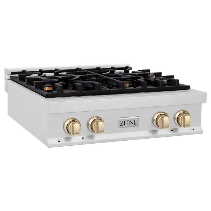 ZLINE Autograph Edition 30 in. Porcelain Rangetop with 4 Gas Burners in DuraSnow Stainless Steel with Accents (RTSZ-30)