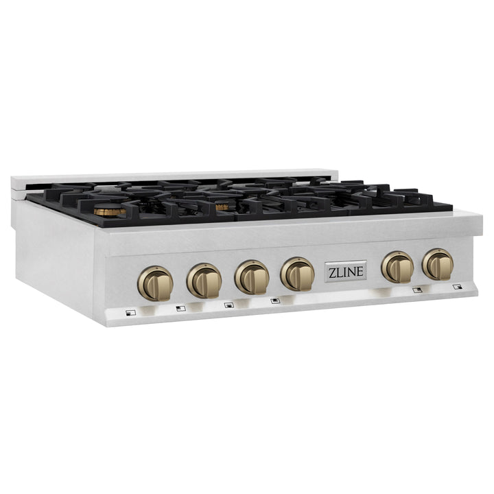 ZLINE Autograph Edition 36 in. Porcelain Rangetop with 6 Gas Burners in DuraSnow Stainless Steel with Accents (RTSZ-36)