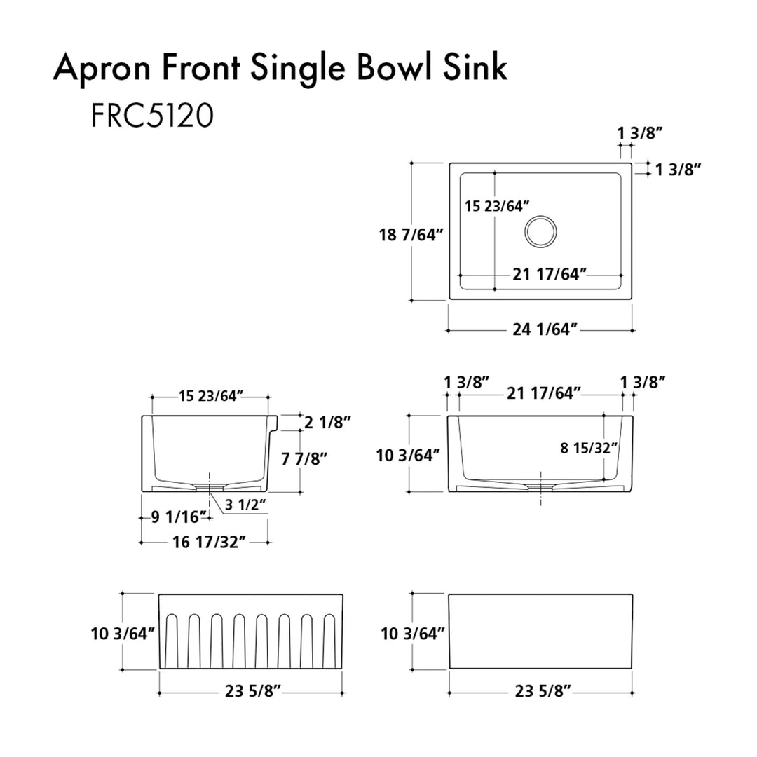 ZLINE 24 in. Venice Farmhouse Apron Front Reversible Single Bowl Fireclay Kitchen Sink with Bottom Grid (FRC5120)