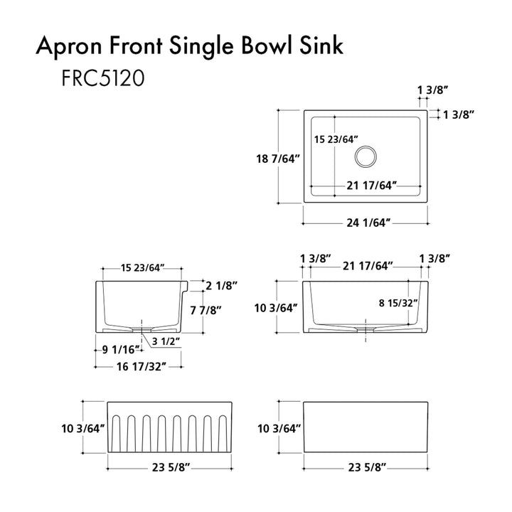 ZLINE 24 in. Venice Farmhouse Apron Front Reversible Single Bowl Fireclay Kitchen Sink with Bottom Grid (FRC5120)