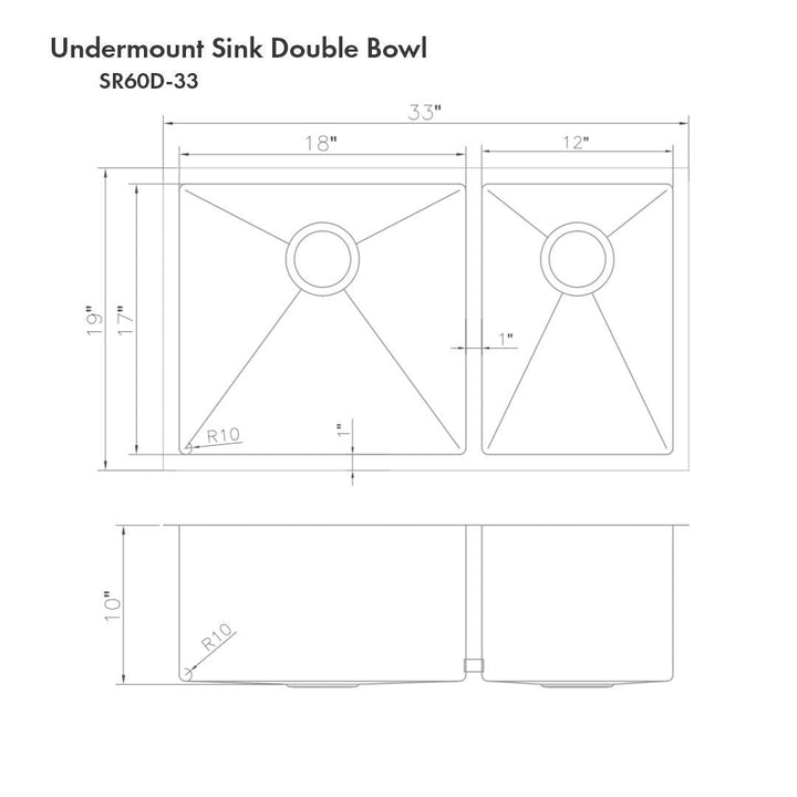 ZLINE 33 in. Chamonix Undermount Double Bowl Kitchen Sink with Bottom Grid (SR60D-33)