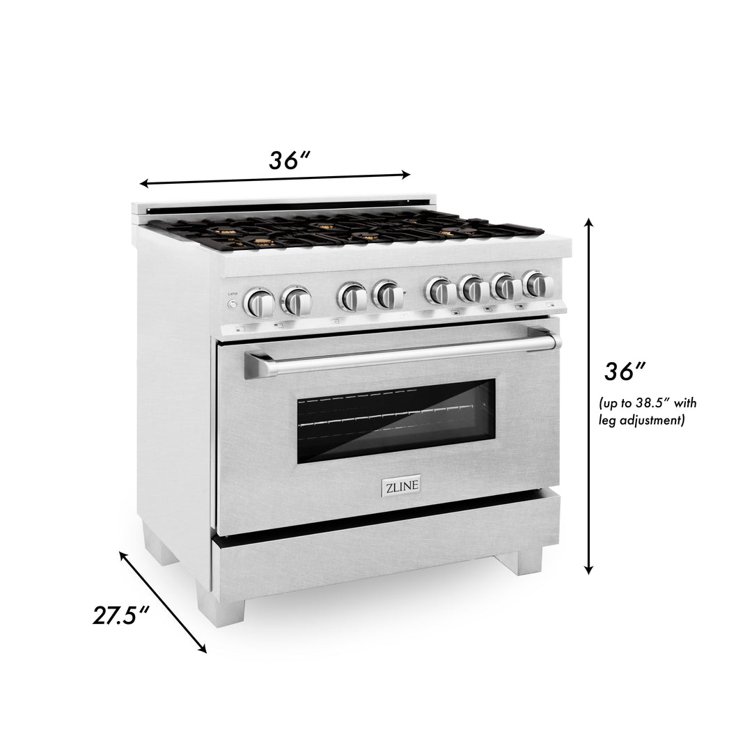 ZLINE 36 in. Professional Dual Fuel Range in Fingerprint Resistant Stainless Steel with Brass Burners and Reversible Griddle (RAS-SN-BR-GR-36)